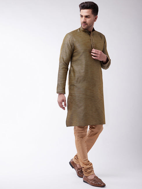 Vastramay Men's Black And Rose Gold Silk Blend Kurta With Churidar Set